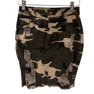 Redfox Camo Distressed Stretch Denim Mini Skirt